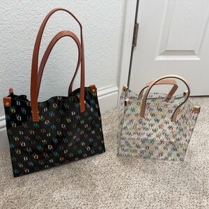 Dooney & Bourke Multicolor Logo Tote with Tan Leather Handles